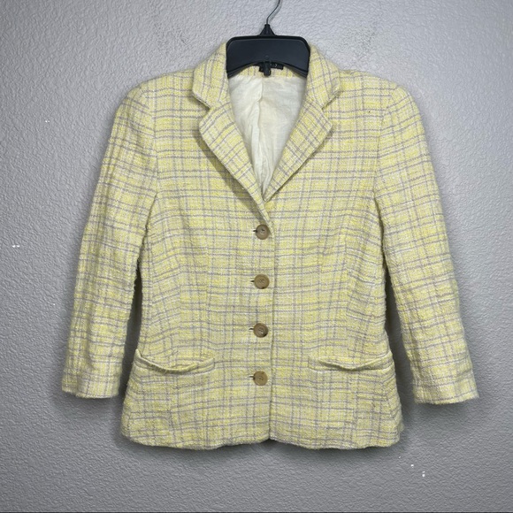 Theory Jackets & Blazers - Theory Size 2 Tweed Blazer Jacket Yellow Plaid Cotton Single Breasted Pockets